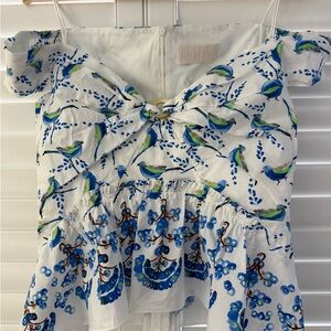 Peter Pilotto White Tie-Front Top with Blue and Green Bird Print